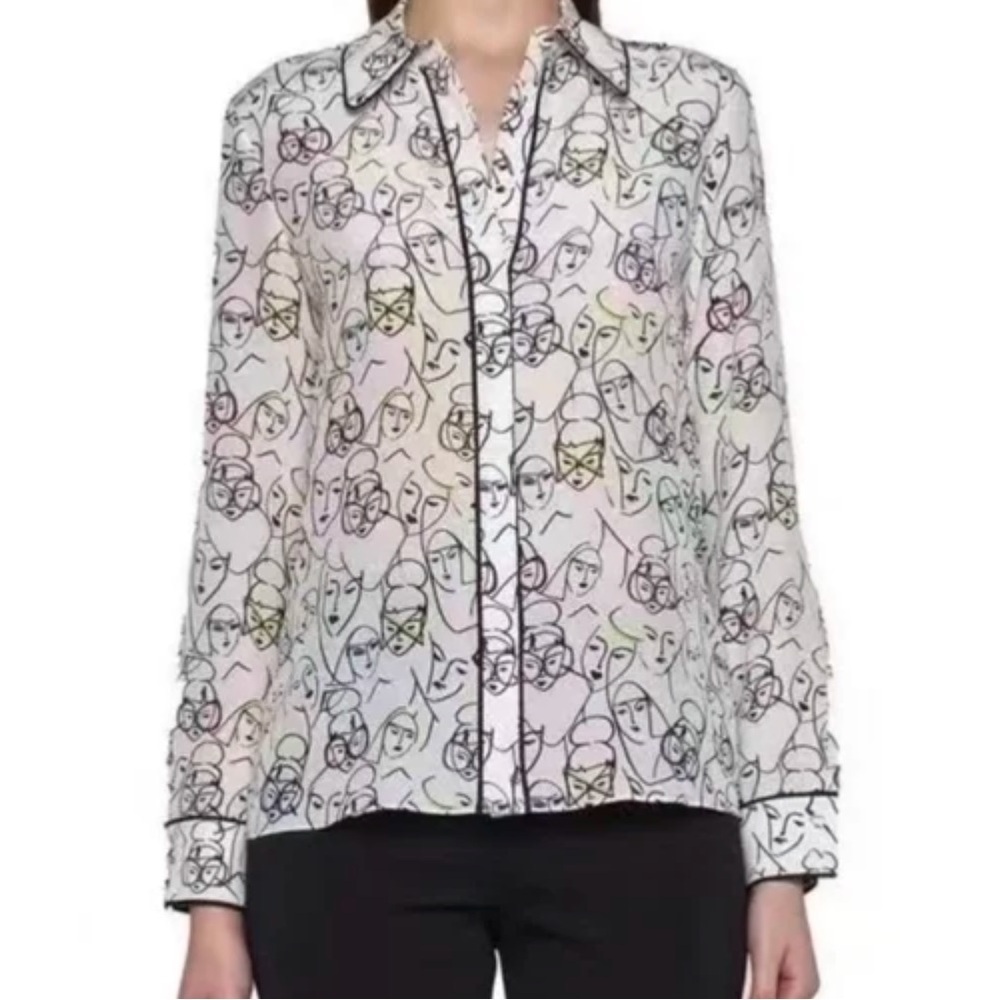 Nwt Alice + Olivia Willa Placket Top With Piping Bisous Stacey White Xs